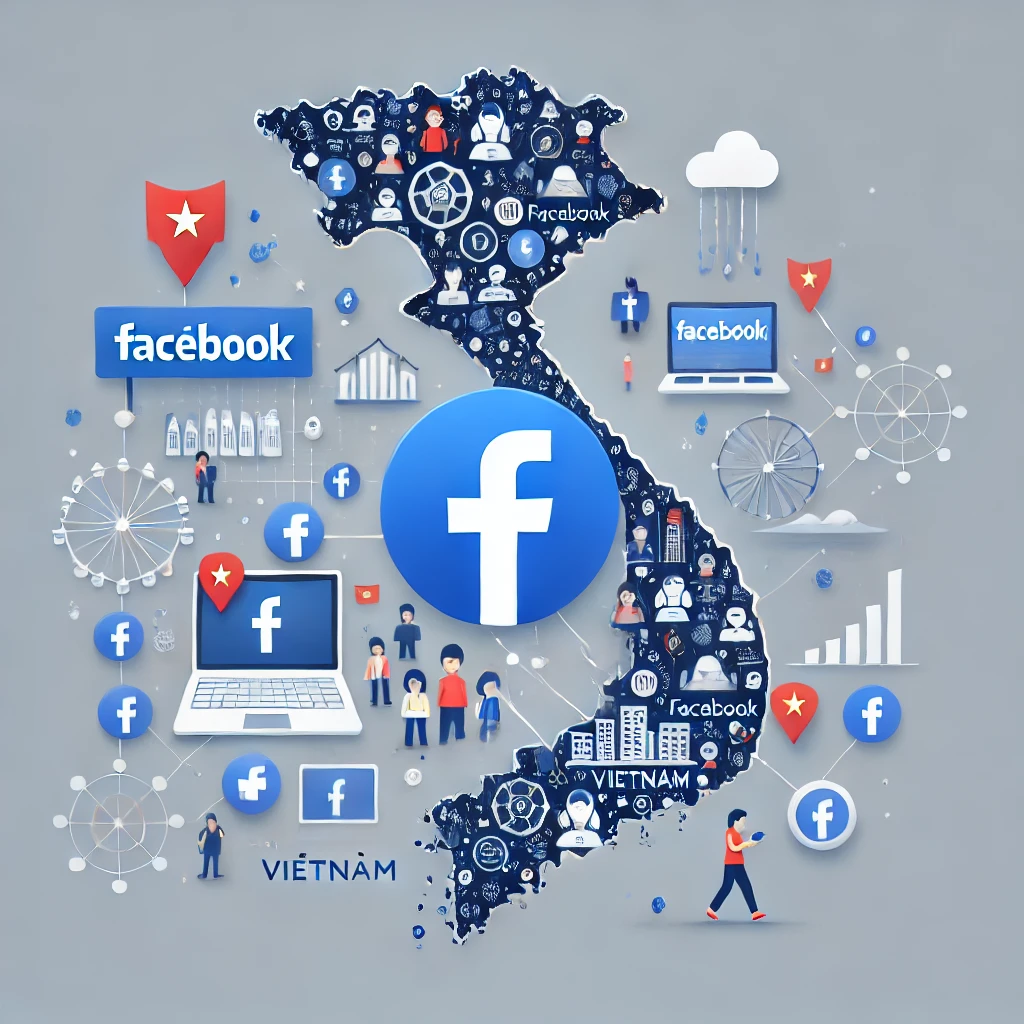 DALL·E 2024 08 09 15.34.08 Create an image illustrating the impact of Facebook in Vietnam. The image should feature a map of Vietnam with Facebook icons spread across the countr