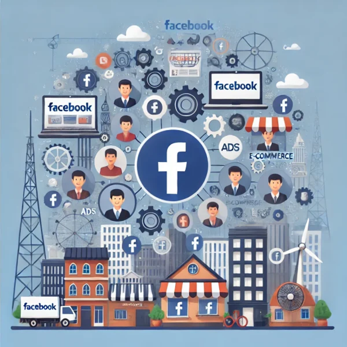 DALL·E 2024 08 09 15.34.12 Create an image showing the integration of Facebook into the business landscape of Vietnam. The image should depict various small businesses and entre 600x600 1