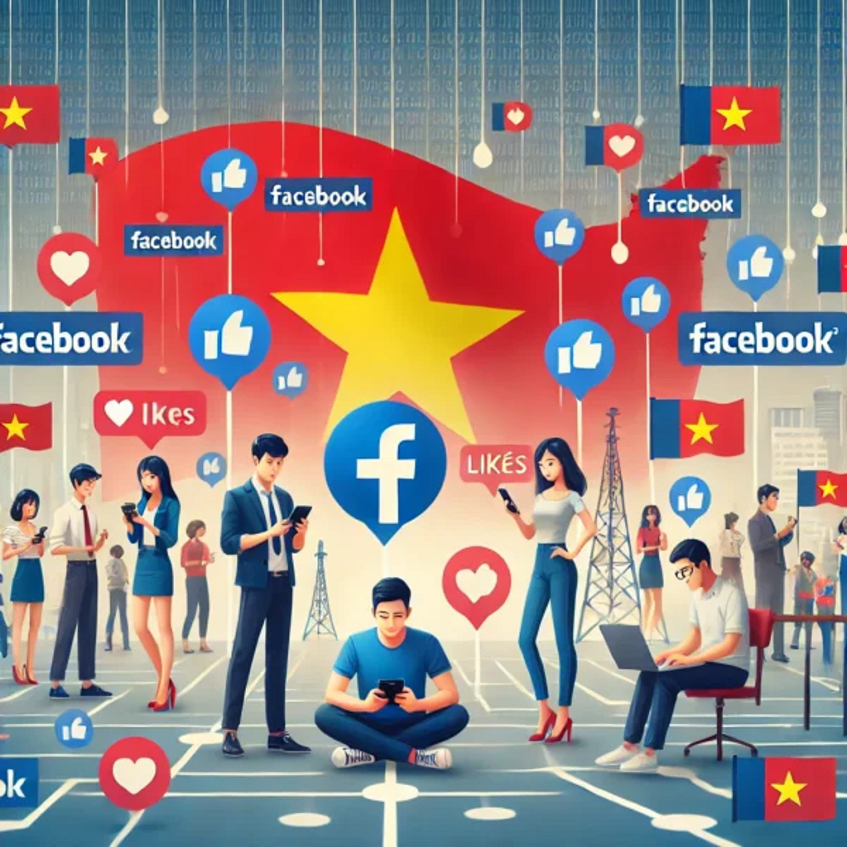 DALL·E 2024 08 09 15.34.16 Create an image that highlights the social impact of Facebook in Vietnam. The image should feature people from different demographics engaging on Face 600x600 1